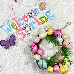 Shimmer Hanging 3D Welcome Spring Butterfly Sign & Wood Easter Egg Wreath Set